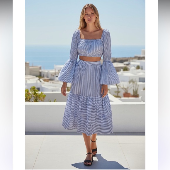 STAUD Blue and White Striped Midi Skirt Set
